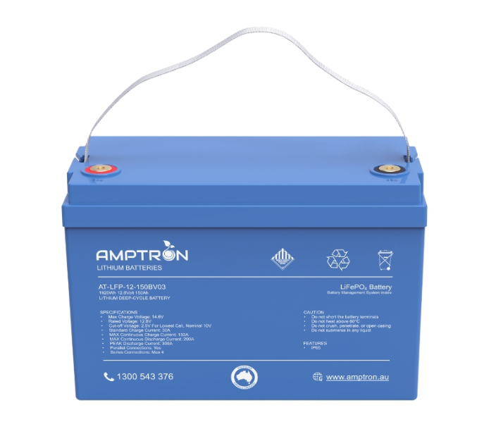 Blue battery with 'Amptron' branding on a white background