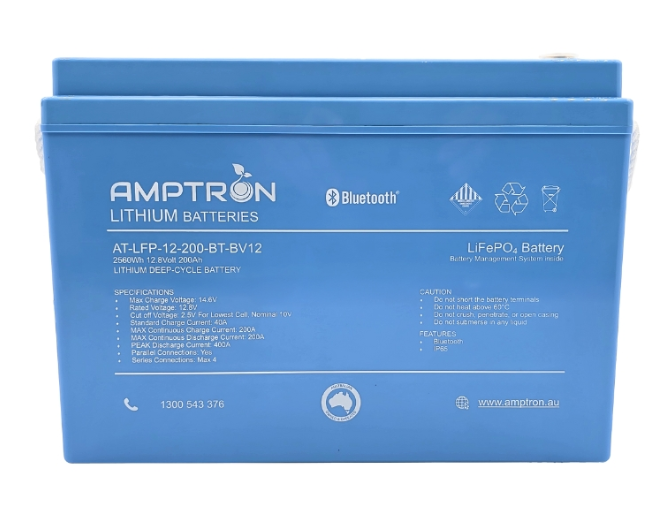 The 12V 200Ah battery square on, the label listing max charge voltage 14.6V, standard charge 40A, max continuous charge 230A, max continuous discharge 200A, peak discharge 400A, parallel connections yes and series max four