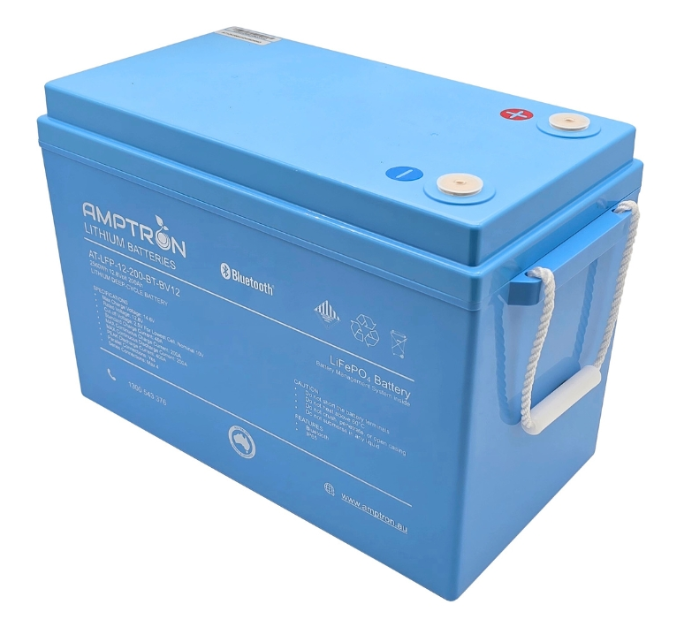 Amptron AT-LFP-12-200-BT-BV12 battery at a three-quarter angle, 2560Wh 12.8 Volt 200Ah, the blue case with rope carry handles and the specification panel on the front