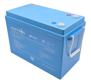 Amptron AT-LFP-12-200-BT-BV12 battery at a three-quarter angle, 2560Wh 12.8 Volt 200Ah, the blue case with rope carry handles and the specification panel on the front