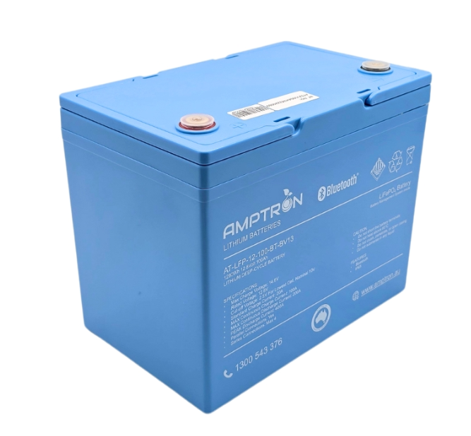 Amptron 12V 100Ah LiFePO4 battery in its blue case seen from the front corner, with the recessed terminals under their covers, the Bluetooth marking and the specification panel down the front face