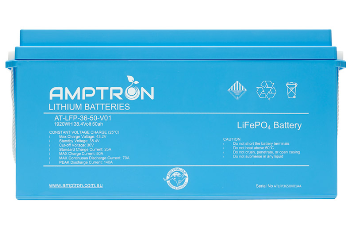 Amptron AT-LFP-36-50-V01 lithium battery face on, 1920Wh 38.4 Volt 50Ah, the label listing max charge voltage 43.2V, standby 38.4V, cut-off 30V, standard charge 25A, max charge 50A, max continuous discharge 70A and peak discharge 140A