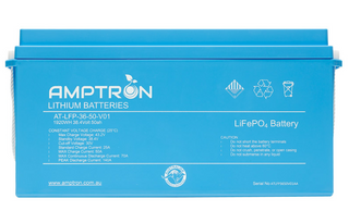 Amptron AT-LFP-36-50-V01 lithium battery face on, 1920Wh 38.4 Volt 50Ah, the label listing max charge voltage 43.2V, standby 38.4V, cut-off 30V, standard charge 25A, max charge 50A, max continuous discharge 70A and peak discharge 140A