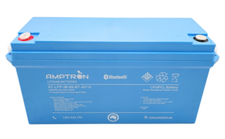 Amptron AT-LFP-36-85-BT-AV10 lithium battery face on, the blue case labelled 3264Wh 38.4 volt 85Ah lithium deep-cycle battery with Bluetooth, LiFePO4 and battery management system inside, the specification and caution panels below, and the red and black terminal covers on top