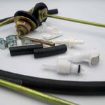Mechanical parts including hoses and connectors on a white background