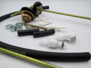 Mechanical parts including hoses and connectors on a white background