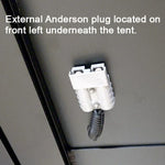 External Anderson plug on a tent with text indicating its location.