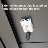 External Anderson plug on a tent with text indicating its location.
