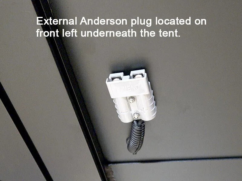 External Anderson plug on a tent with text indicating its location.