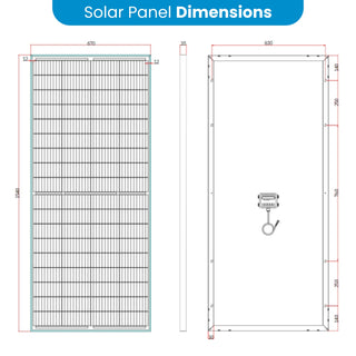 Dimension drawing of the solar panel: 1540mm tall by 670mm wide by 35mm thick, with the mounting holes on the back set 630mm apart across the frame and spaced 140mm, 250mm, 760mm, 250mm and 140mm down its length, and a 30mm end margin