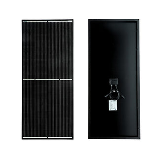 Front and back of the 200W half-cut mono panel shown side by side, the cell face at the left and the black backsheet with junction box and label at the right