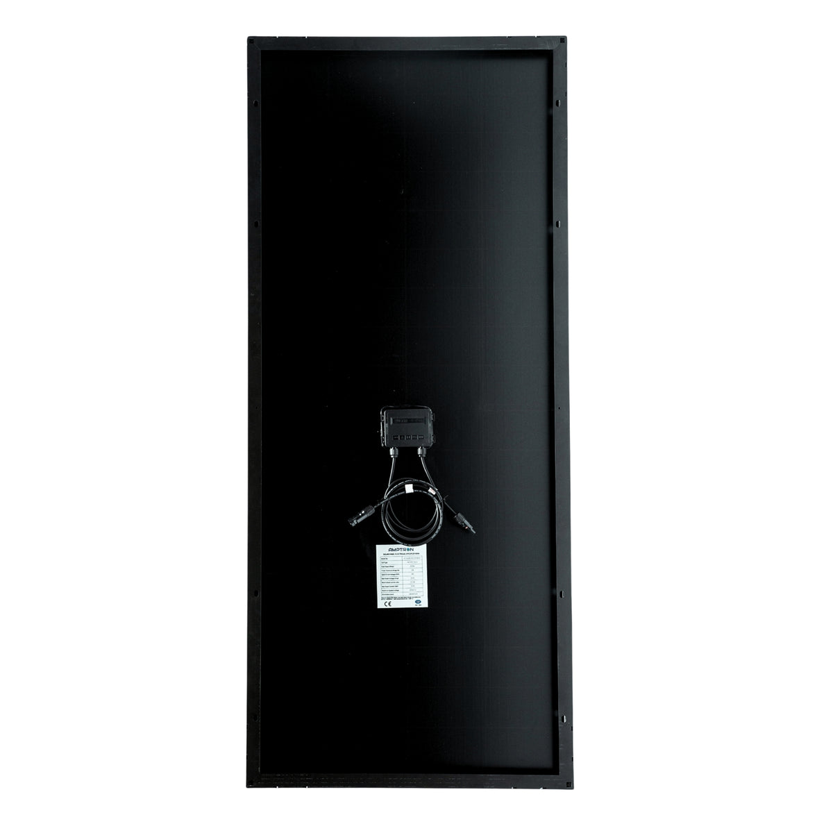 Back of the 200W glass solar panel, the black backsheet inside a black anodised frame with the sealed junction box in the centre, its twin MC4 leads coiled below, and the specification label at the bottom