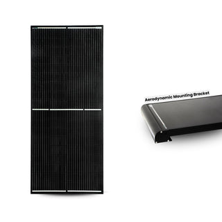 The 200W panel beside a cutaway of the aerodynamic mounting bracket, a curved black extrusion that closes the leading edge of the panel to the roof