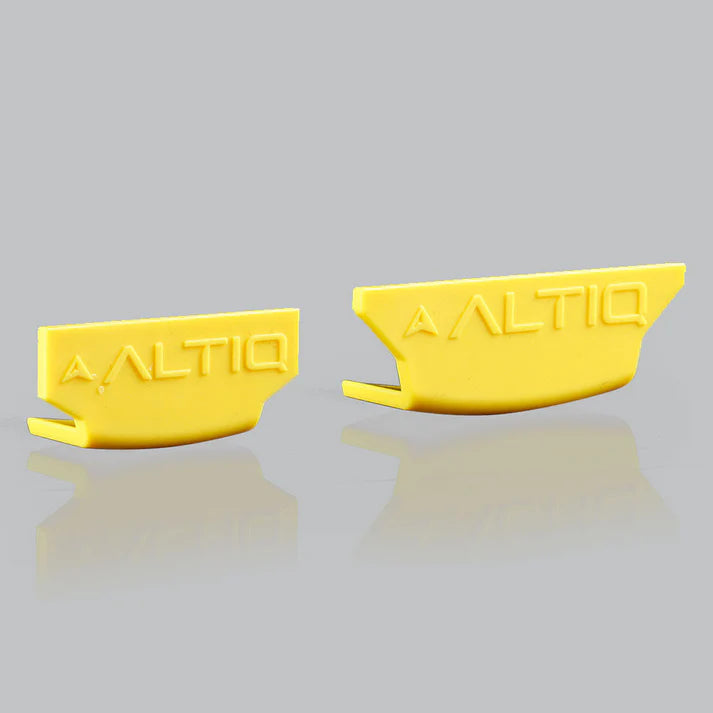 Two yellow moulded ALTIQ fascia trims shown side by side, one shorter than the other, with the ALTIQ name raised across each face