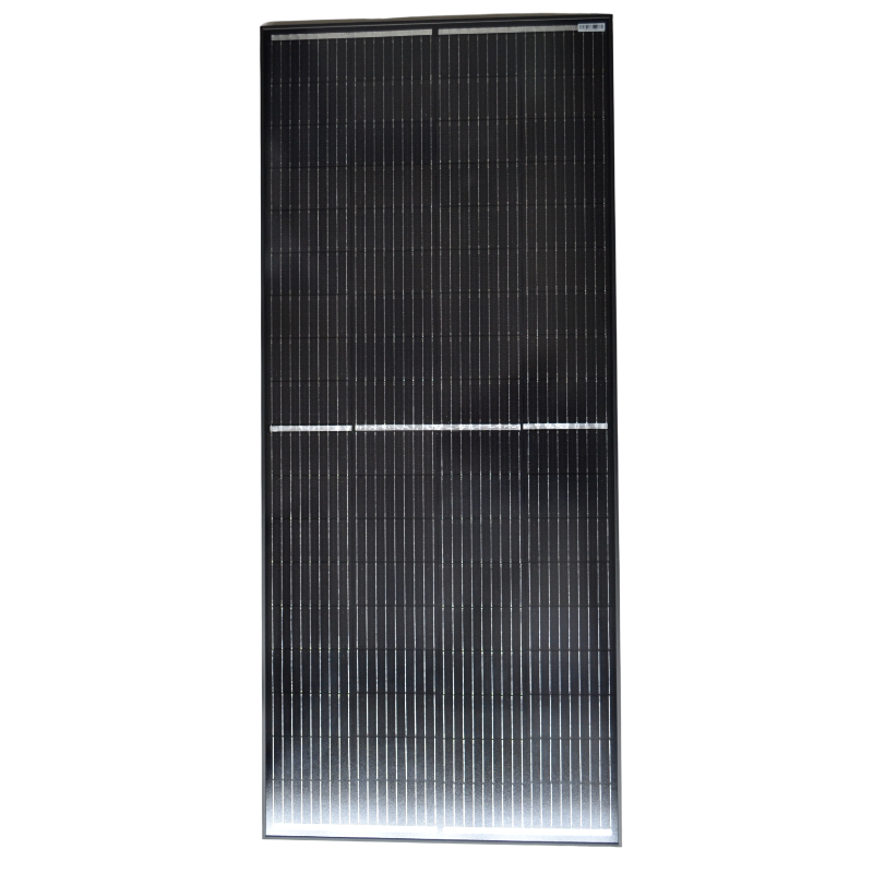 Front face of the 200W half-cut mono panel, the dark cells and fine busbars inside a black anodised frame