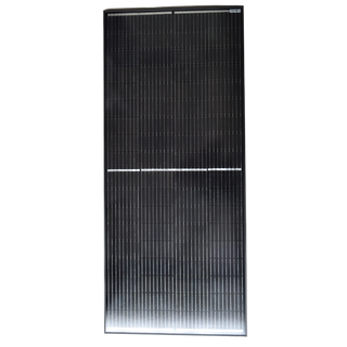 Front face of the 200W half-cut mono panel, the dark cells and fine busbars inside a black anodised frame