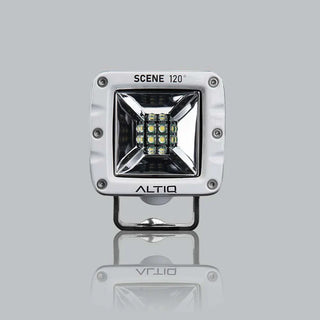White DX4 Scene work light face on, the bezel marked SCENE 120 degrees above the square reflector and its nine LEDs, with the ALTIQ name below