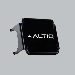 Black DX4 blackout cover tilted, the gloss face with the ALTIQ name and arrow catching the light and the skirts wrapping away behind