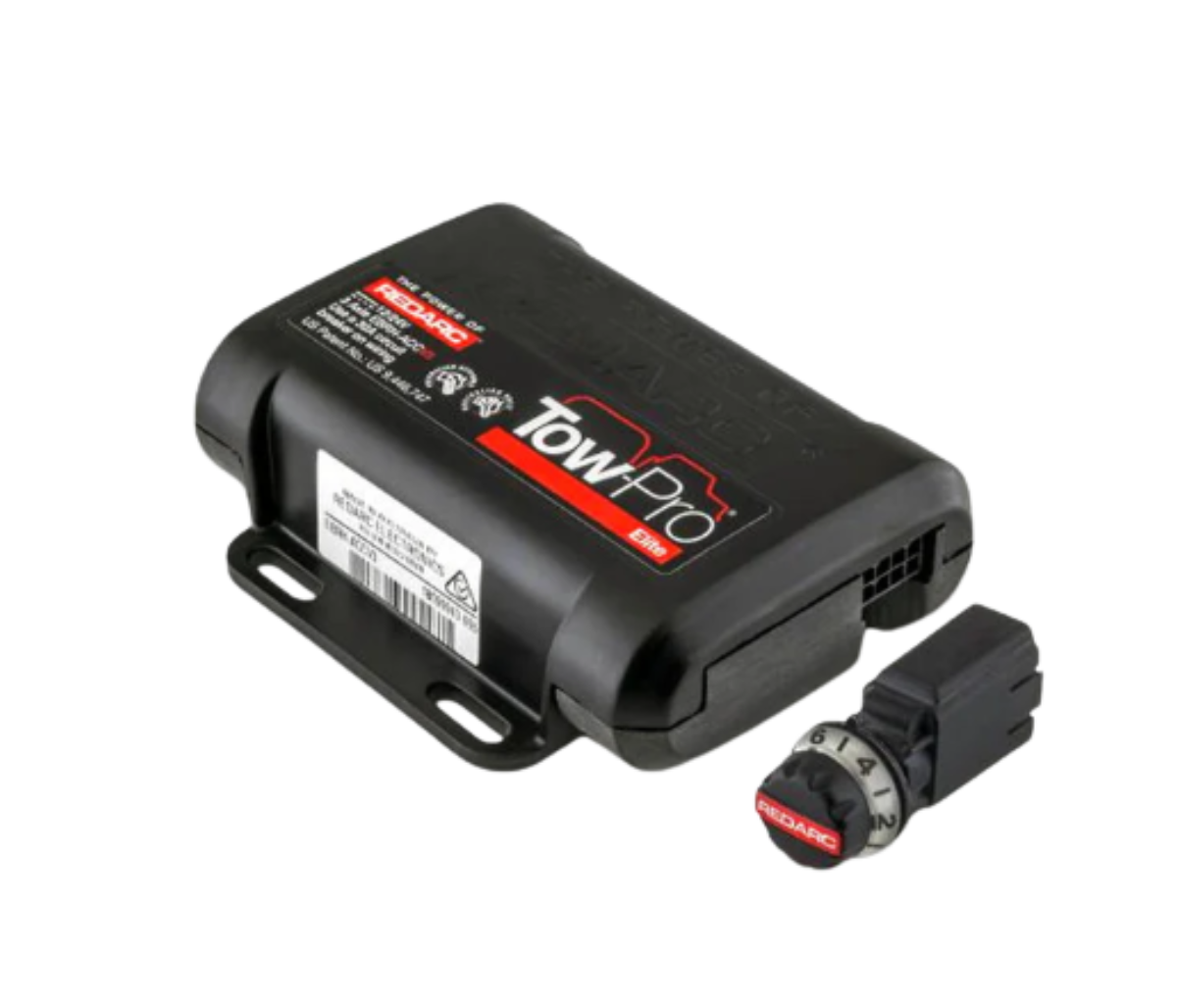 A Redarc Tow-Pro Elite V3 Electric Brake Controller with a black casing and a red detail on the front, including a control knob.