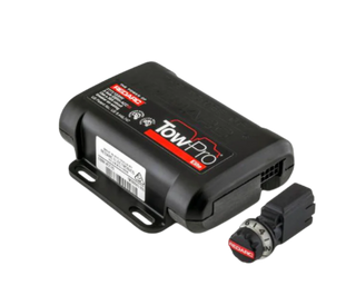 A Redarc Tow-Pro Elite V3 Electric Brake Controller with a black casing and a red detail on the front, including a control knob.