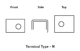 Three-view line drawing of a battery terminal, front, side and top, showing a round post in a rectangular body, labelled Terminal Type – N