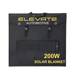 Black solar blanket with 'Elevate Automotive' branding and '200W Solar Blanket' text on a white background.