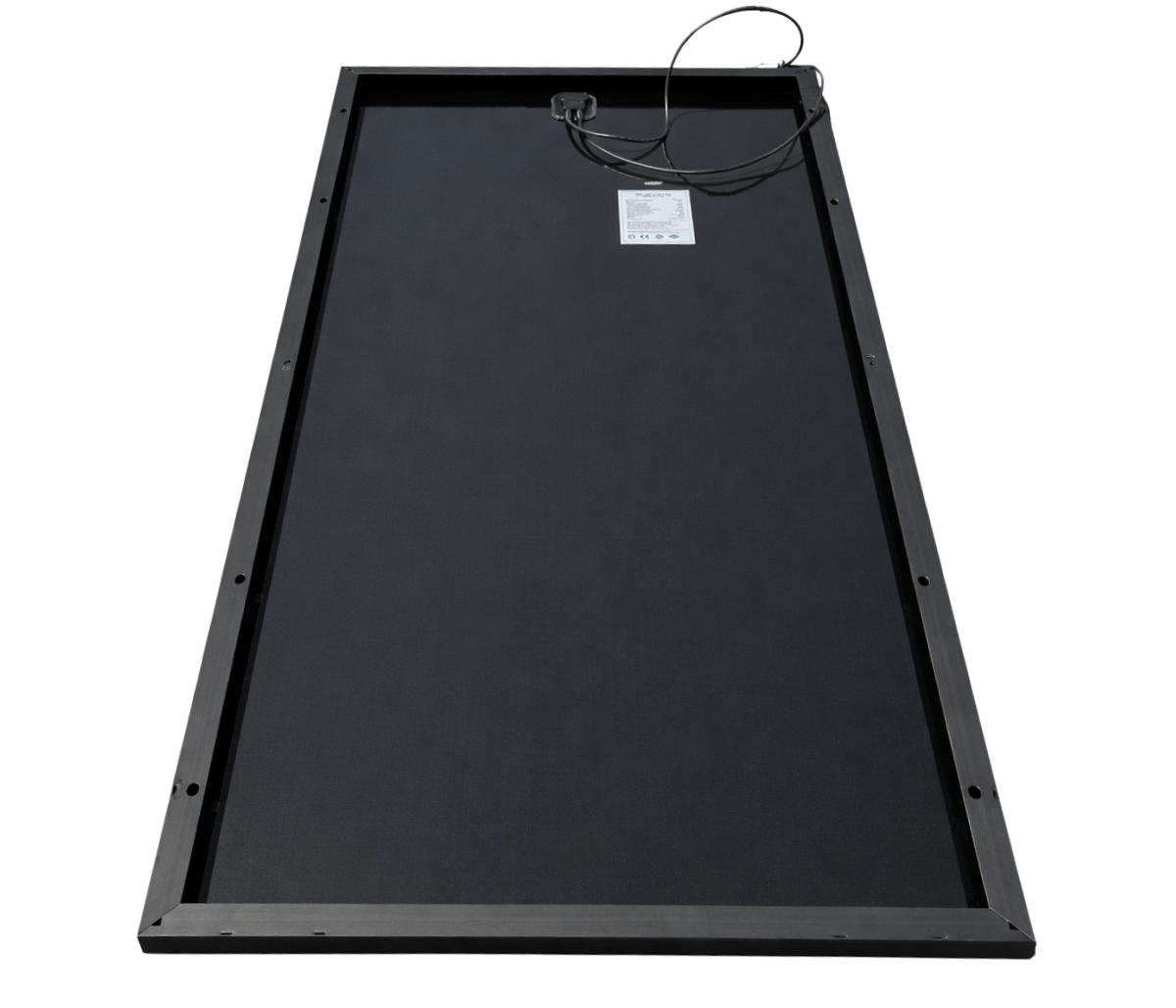 Black rectangular solar panel with a wire on a white background