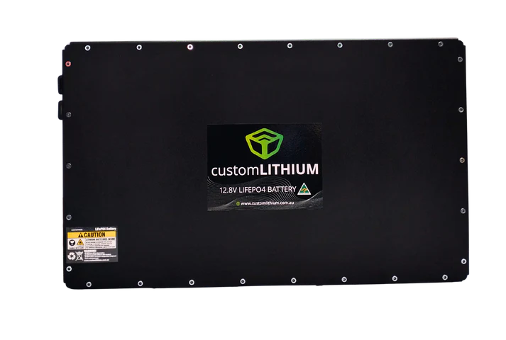 Black battery with Custom Lithium branding on a white background