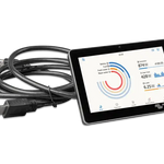 Tablet with energy monitoring app displaying graphs and numbers on a white background