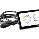 Tablet with energy monitoring app displaying graphs and numbers on a white background