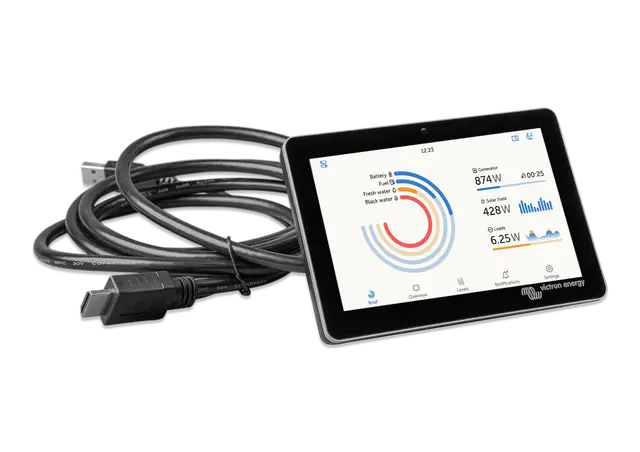 Tablet with energy monitoring app displaying graphs and numbers on a white background