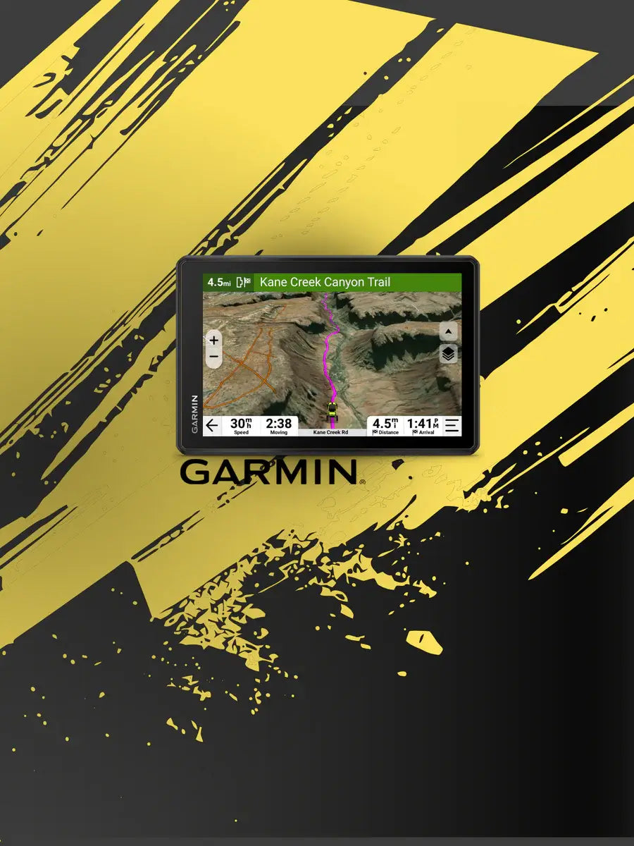 Garmin GPS device on a black and yellow abstract background