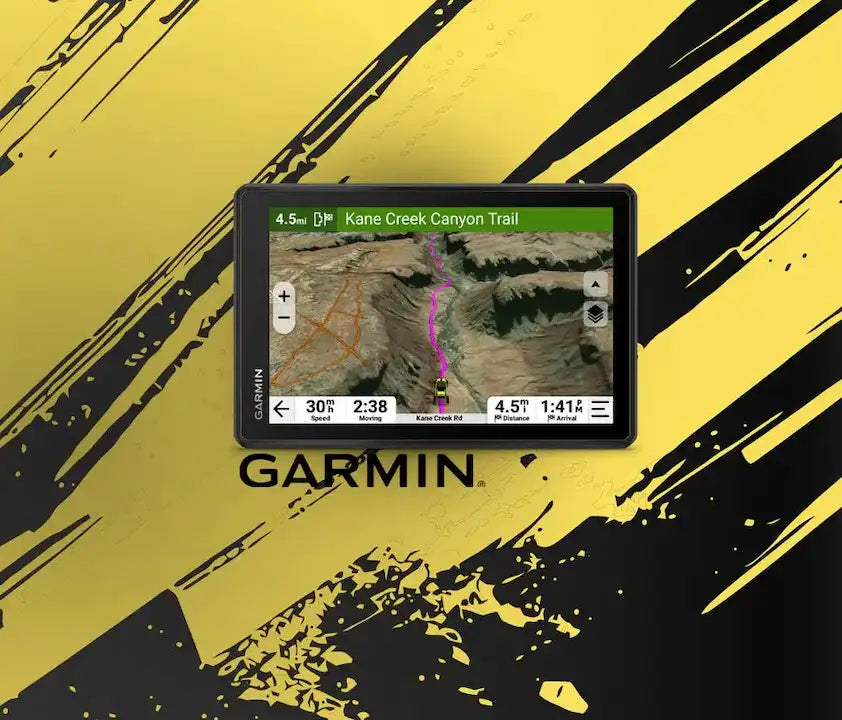 Garmin GPS device on a black and yellow abstract background