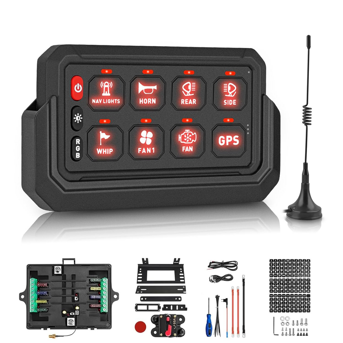Wired 8 gang switch panel 12V/24V 60A with RGB backlight, fused control box, mounting bracket, circuit breaker, wiring and switch label stickers