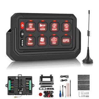 Wired 8 gang switch panel 12V/24V 60A with RGB backlight, fused control box, mounting bracket, circuit breaker, wiring and switch label stickers