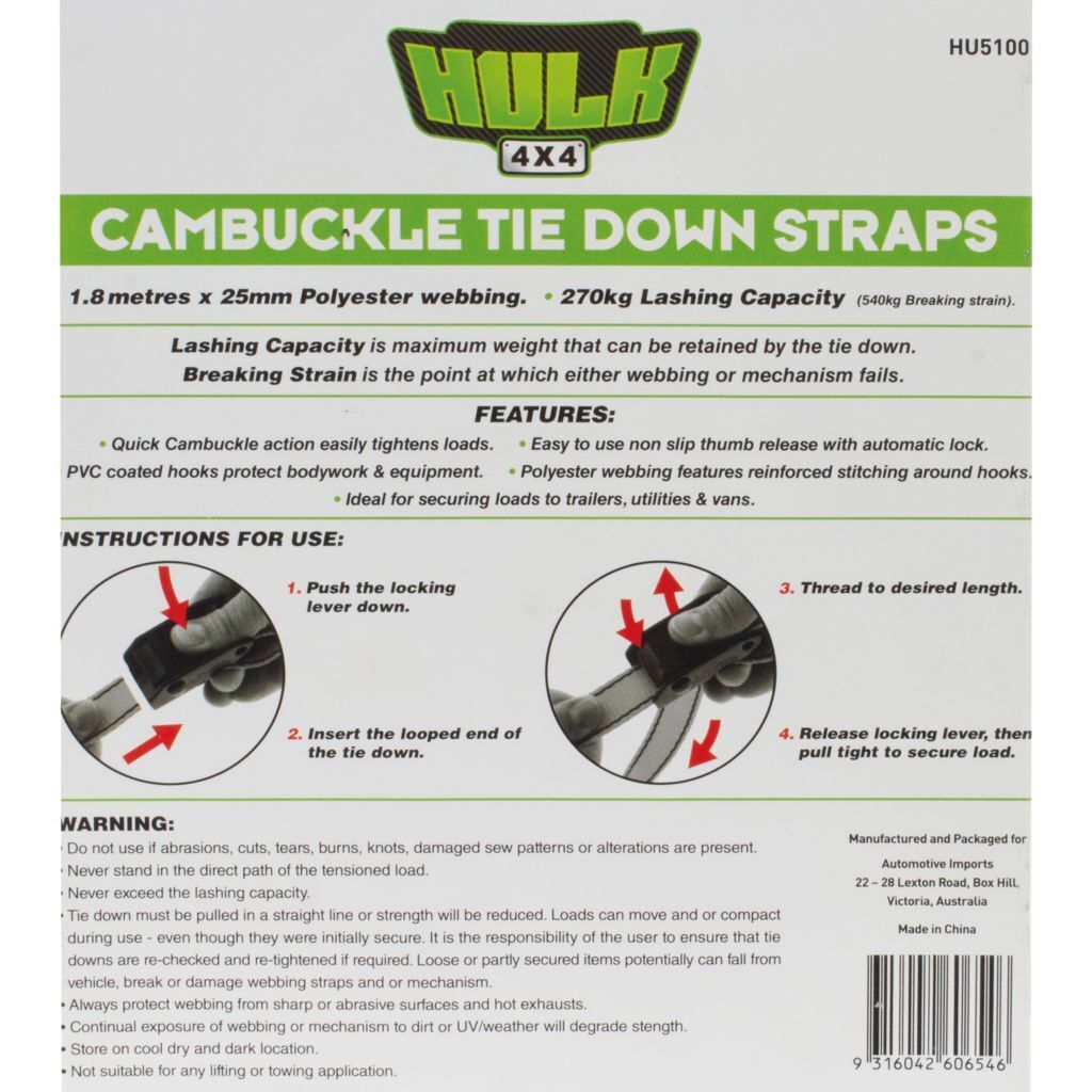 Cambuckle Tiedown 1.8m x 25mm 270kg (2pk)