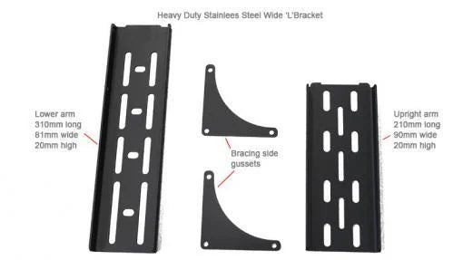 Heavy-duty stainless steel wide L-bracket with labeled parts on a white background
