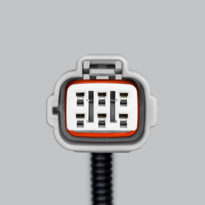 Face of the vehicle-side connector on the Isuzu piggy-back adaptor, a grey moulded shell with an orange seal around a white insert holding six blade terminals