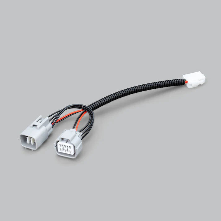 The Isuzu piggy-back adaptor laid out complete, two grey vehicle connectors at one end joined by a corrugated sleeve to a small white plug at the other