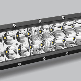 Close-up of the double row bar at an angle, showing where the round spot optics meet the rectangular flood block and the screws along the bezel