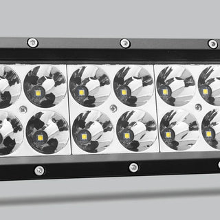 Close-up across the spot section of the double row bar, two rows of LEDs each seated in a deep polished reflector behind the lens