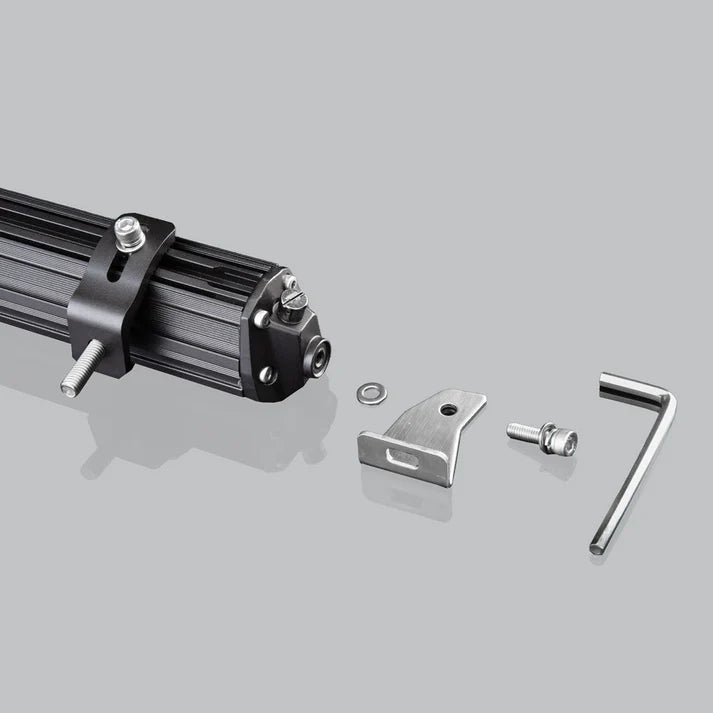 End of the hybrid light bar with its mounting hardware laid out beside it: a stainless bracket, washer, socket bolt and the Allen key supplied to fit them