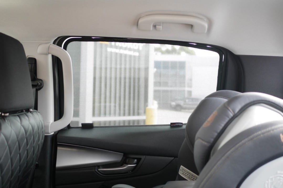 Car interior with a side window open, showing a blurred outdoor scene.