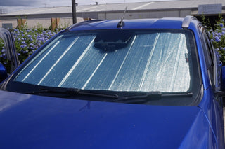 Blue car with a sunshade covering the windshield, parked outdoors.