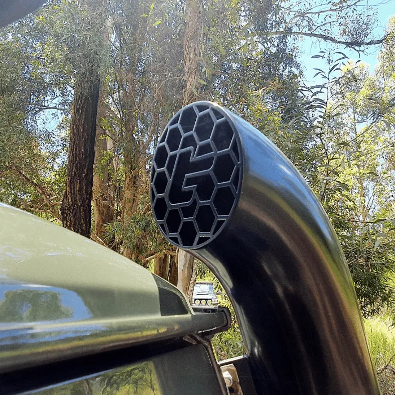 Close-up of a car exhaust pipe with a honeycomb design, set against a natural background of trees.