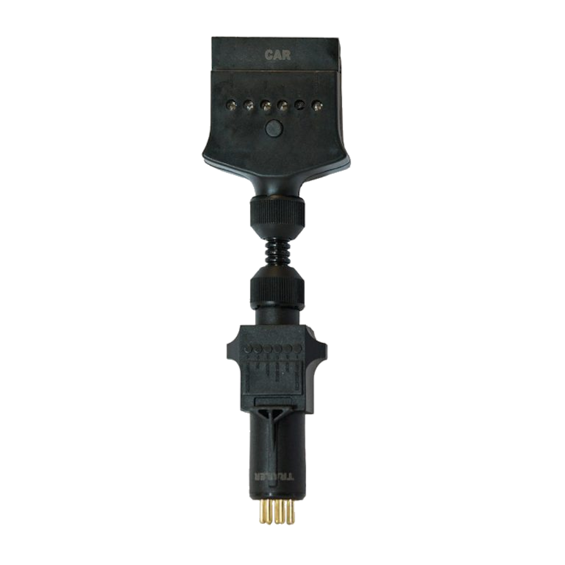 7-pin trailer adaptor with a flat female socket on one end and a 7-pin small round male plug on the other, joined by a short black flexible conduit