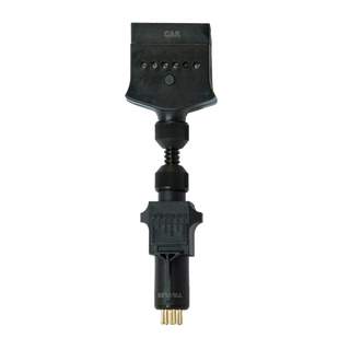 7-pin trailer adaptor with a flat female socket on one end and a 7-pin small round male plug on the other, joined by a short black flexible conduit