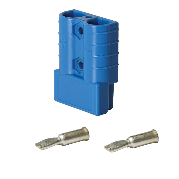 Blue Anderson-style 50 amp connector housing standing upright with two silver contacts laid below it, the plus polarity mark moulded on the body