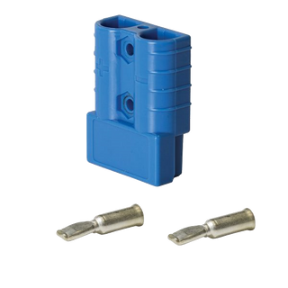 Blue Anderson-style 50 amp connector housing standing upright with two silver contacts laid below it, the plus polarity mark moulded on the body