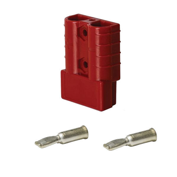 Red Anderson-style 50 amp connector housing standing upright with two silver contacts laid below it, the plus polarity mark moulded on the body